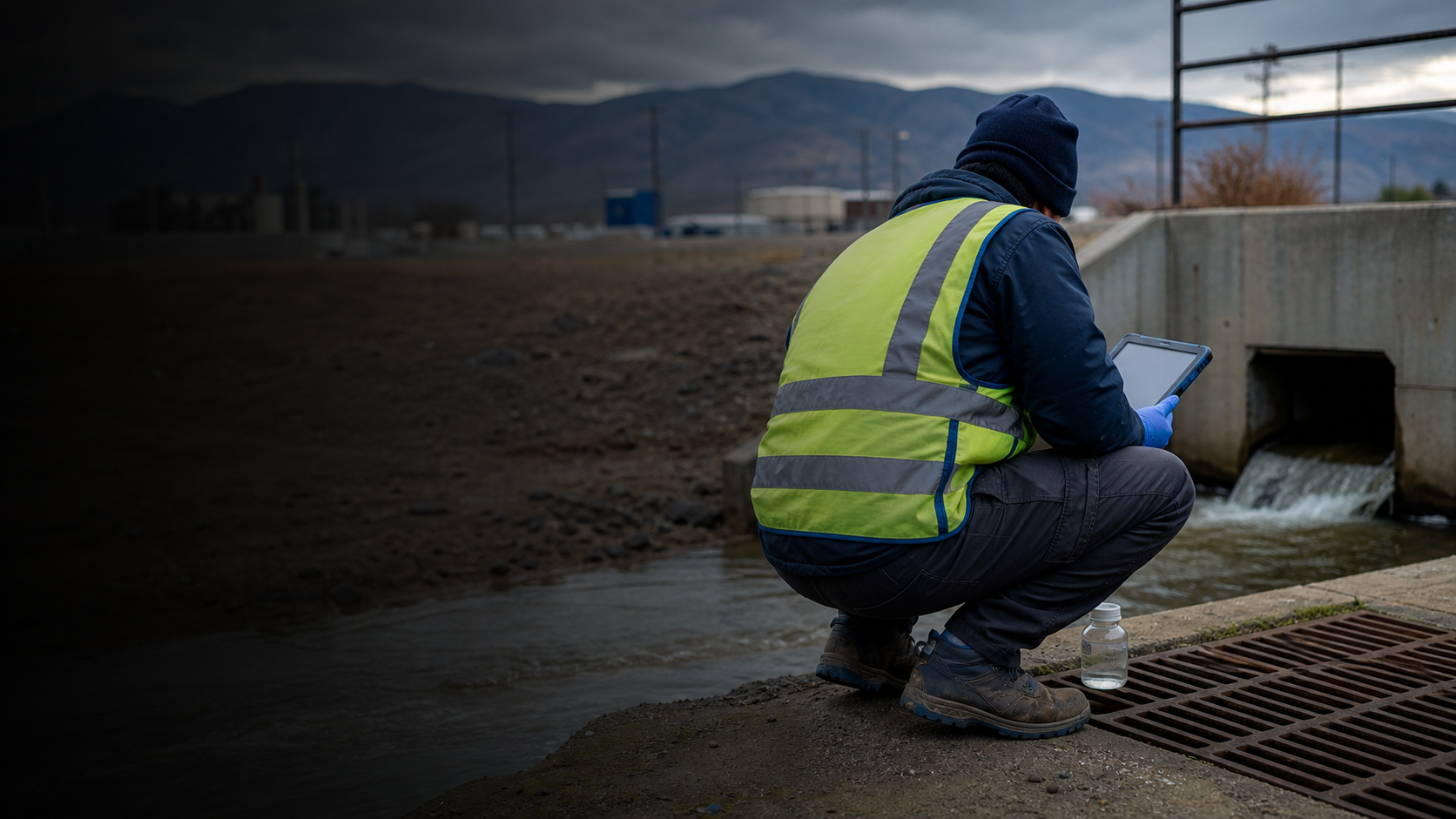 Environmental inspector documenting a stormwater outfall in the field